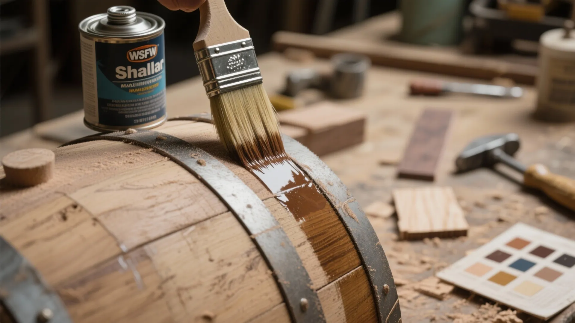 Person using a brush to apply wood finish on a wooden barrel in a workshop
