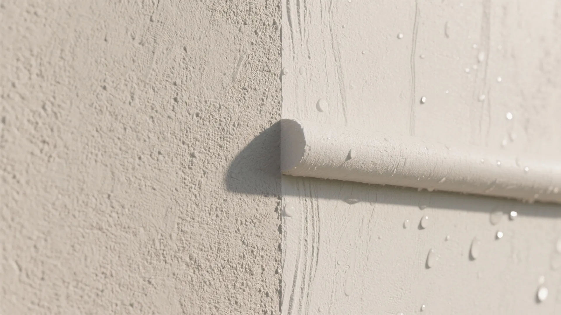 Close up of a textured white wall showing the difference between dry and wet surfaces