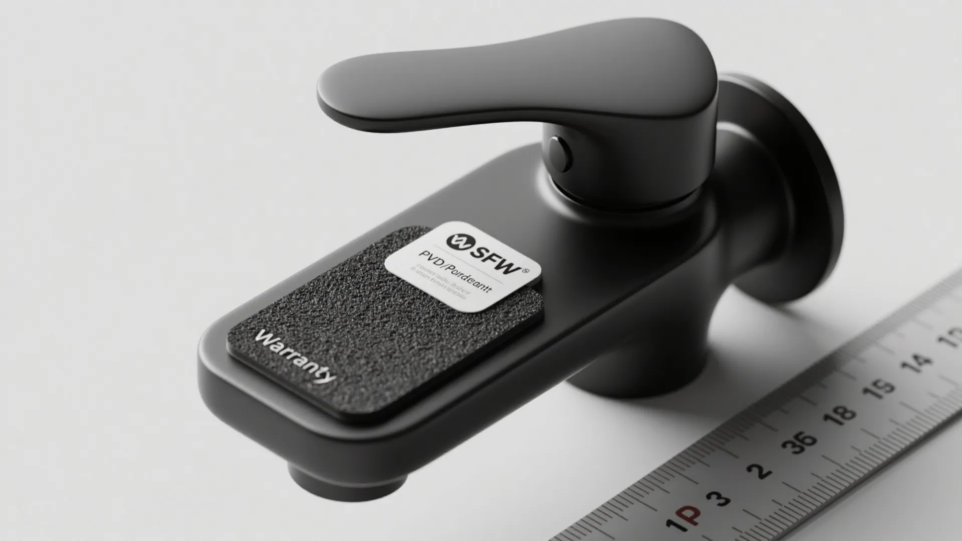Close up view of black metal tap handle with warranty sticker and a measuring ruler