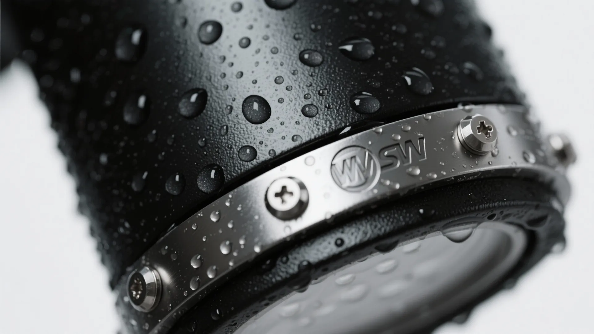 Macro detail of powder-coated black finish and marine-grade stainless hardware with water droplets indicating weather resistance.