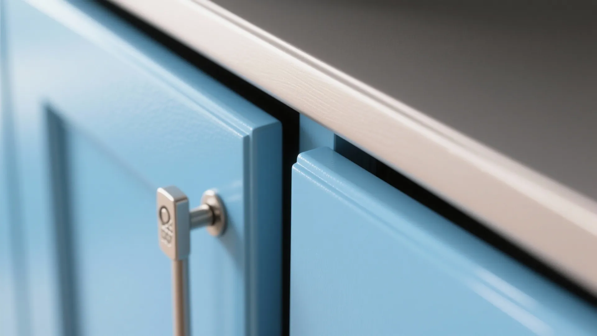 Close up view of light blue cabinet door handle and white countertop in a kitchen