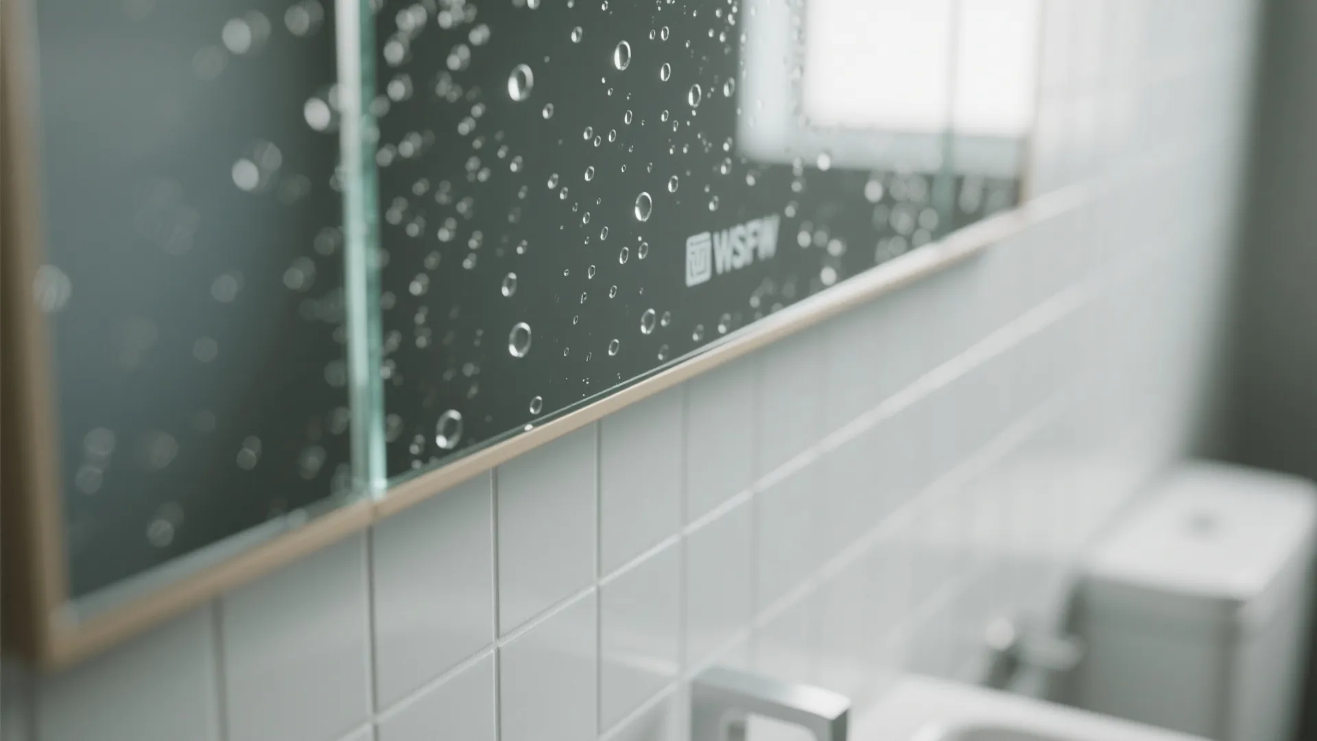 Close up of bathroom mirror with water drops above white wall tiles and sink faucet background