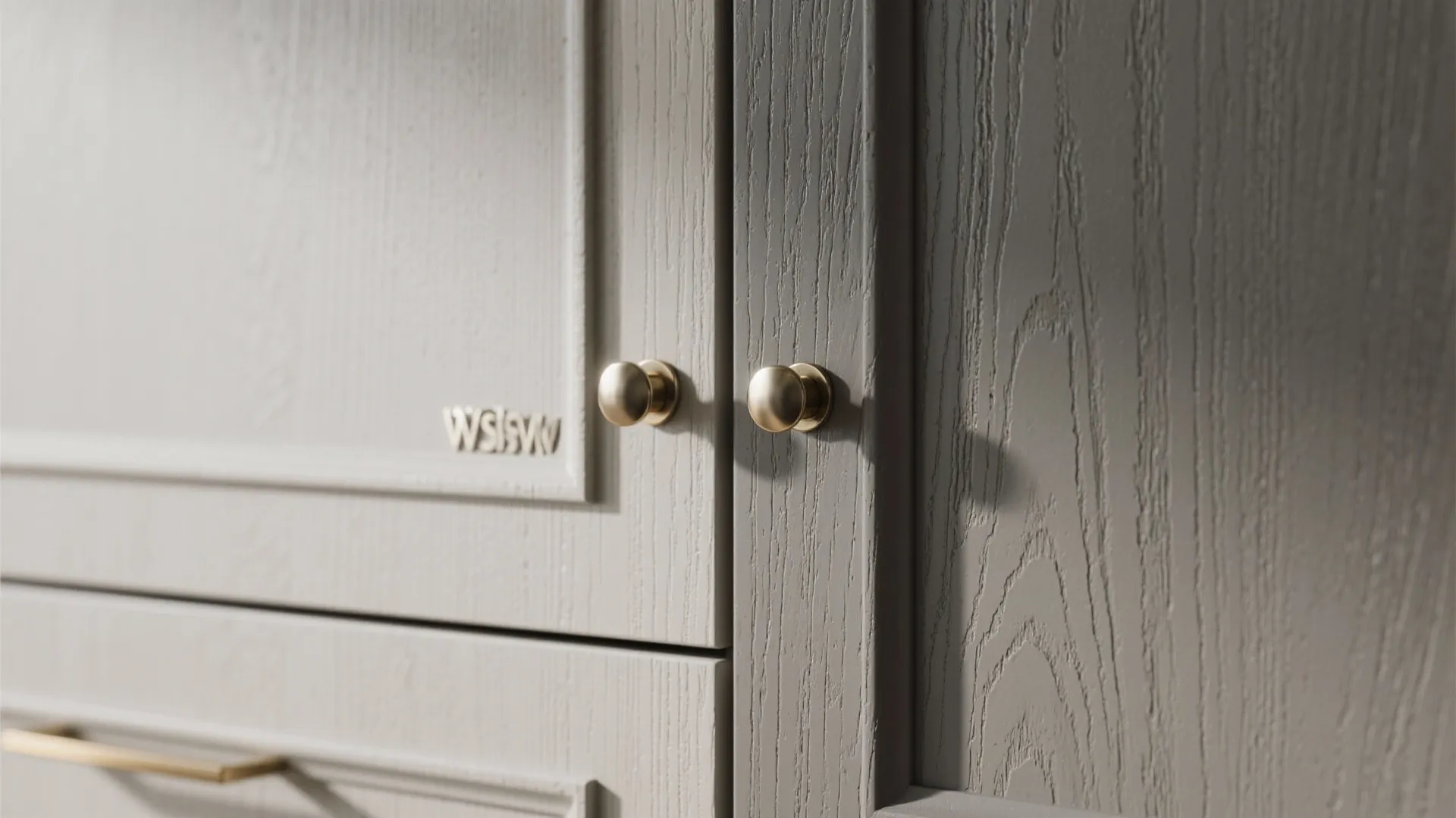 Macro view of gray cabinet finish samples and hardware showing undertone differences