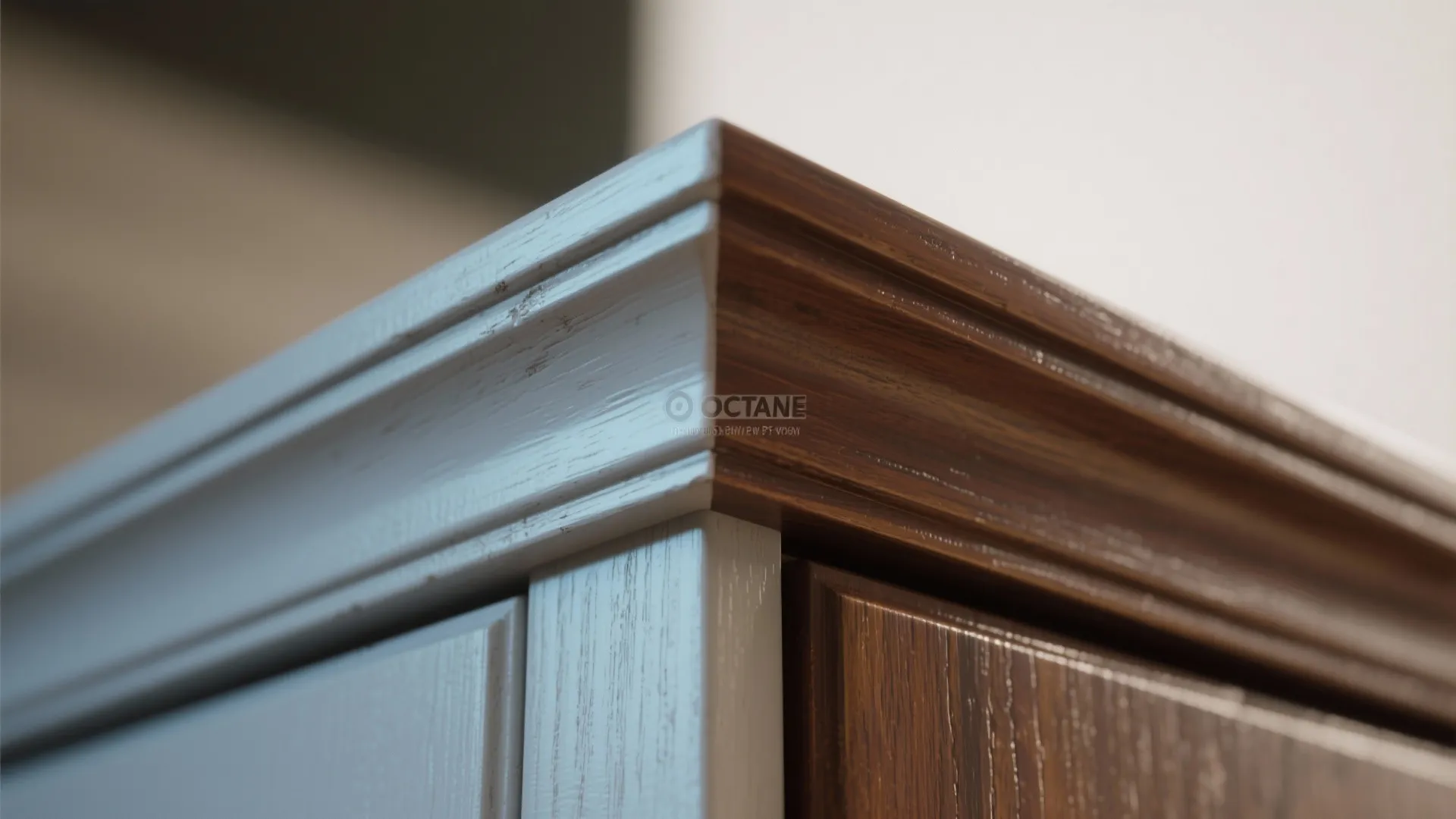 Close up view showing a wooden cabinet corner with white and dark brown wood grain texture