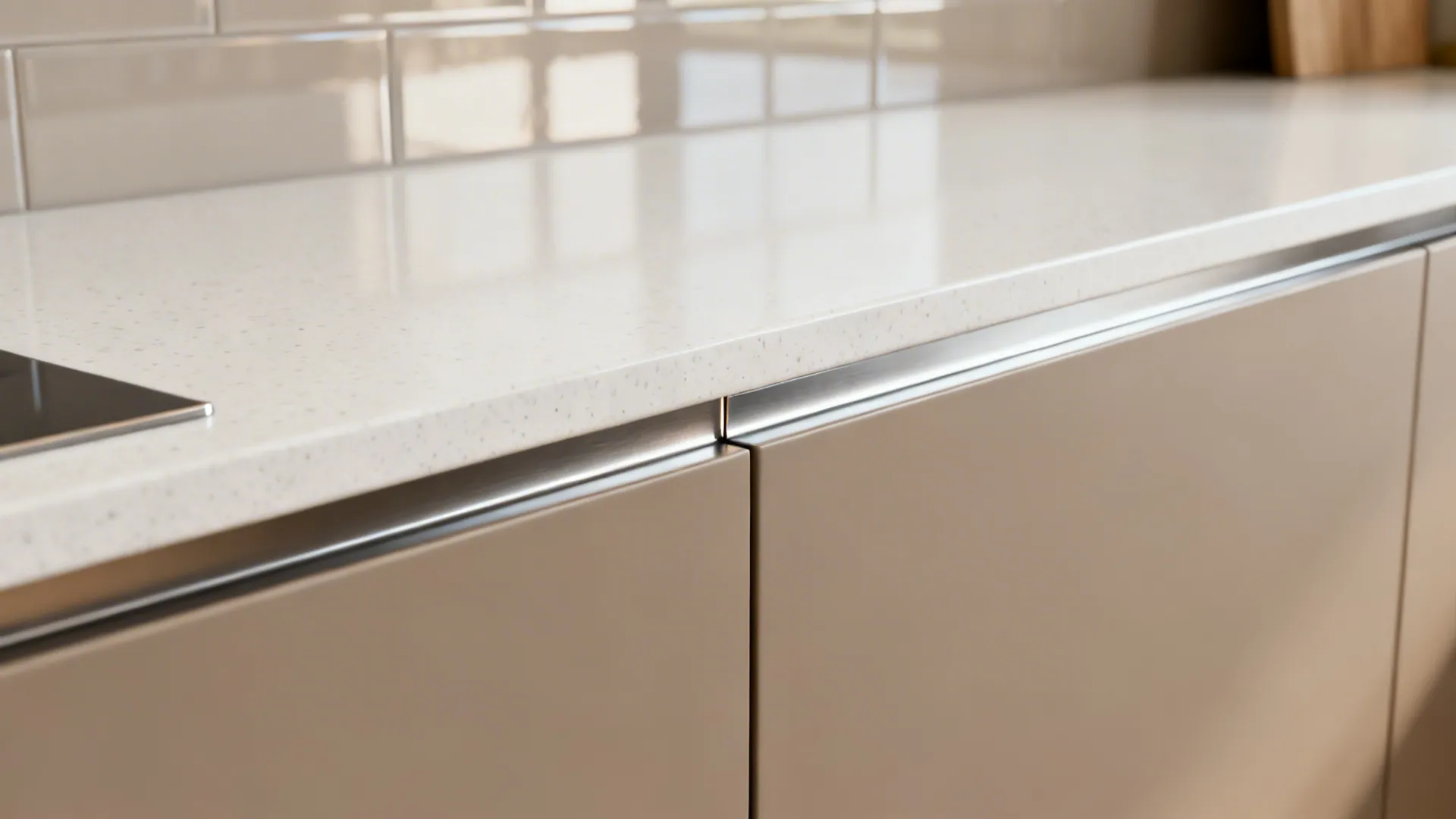 Macro of cabinet, quartz, and stainless junction with soft reflections from a glass backsplash.
