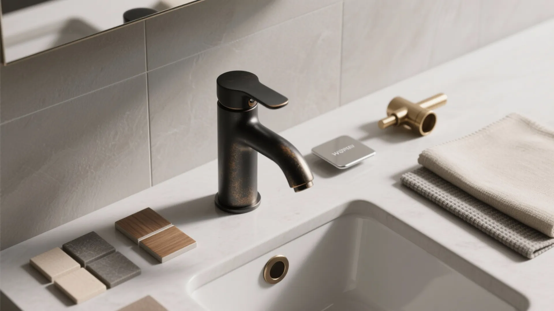 Modern bathroom sink area showing black water tap and material finish samples on white countertop