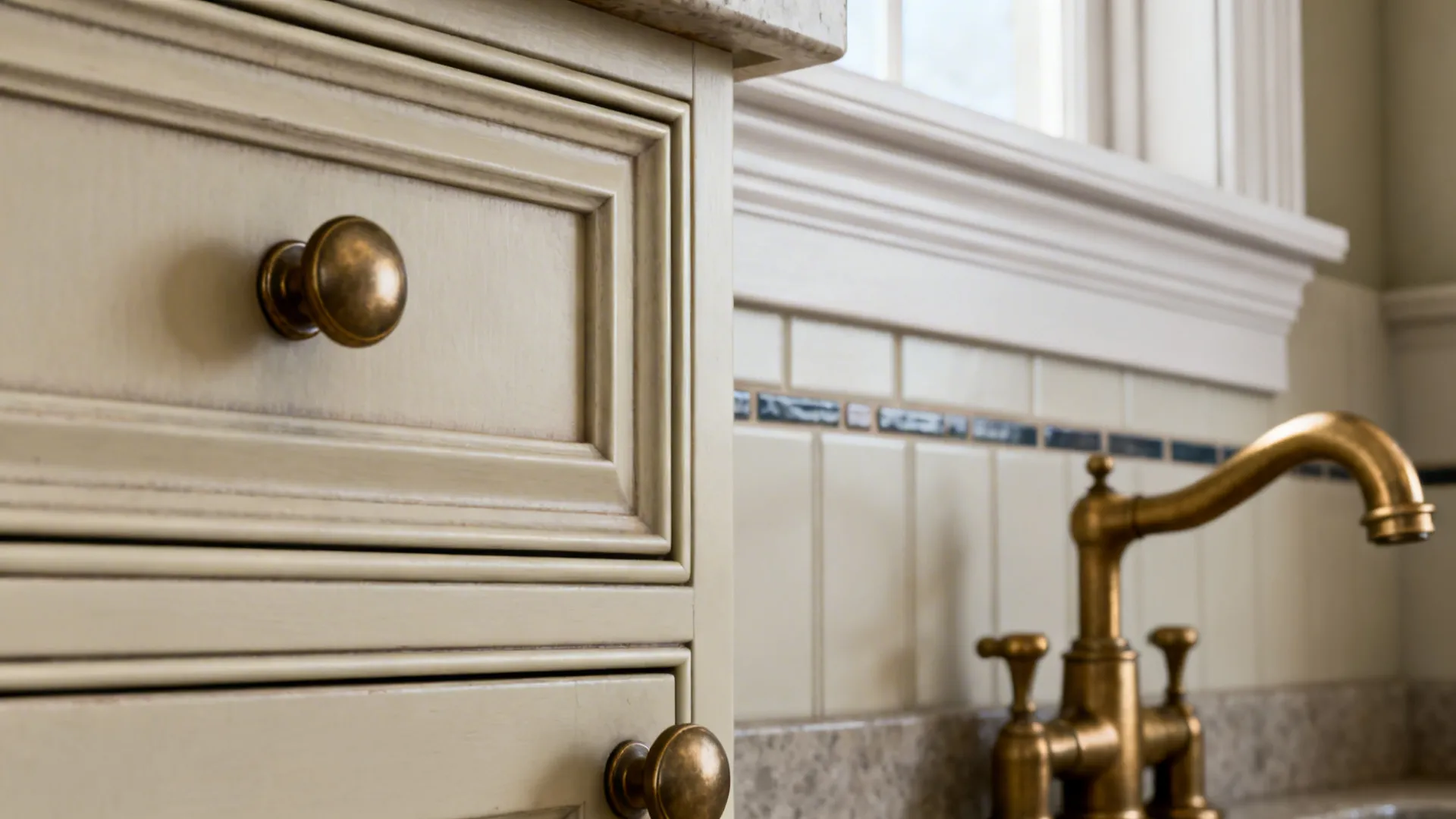 Close-up of hardware and finish upgrades: brass knob, faucet, and trim detail.