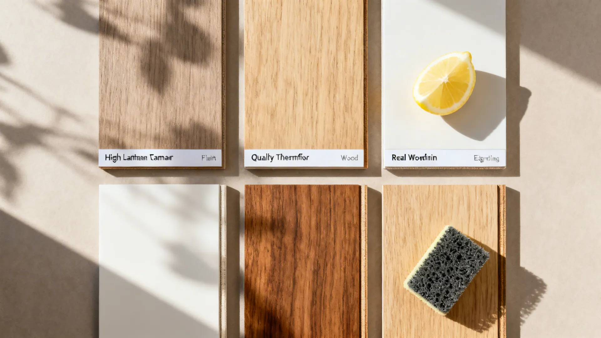 Flat lay of laminate, thermofoil, painted wood, and veneer samples with test items.