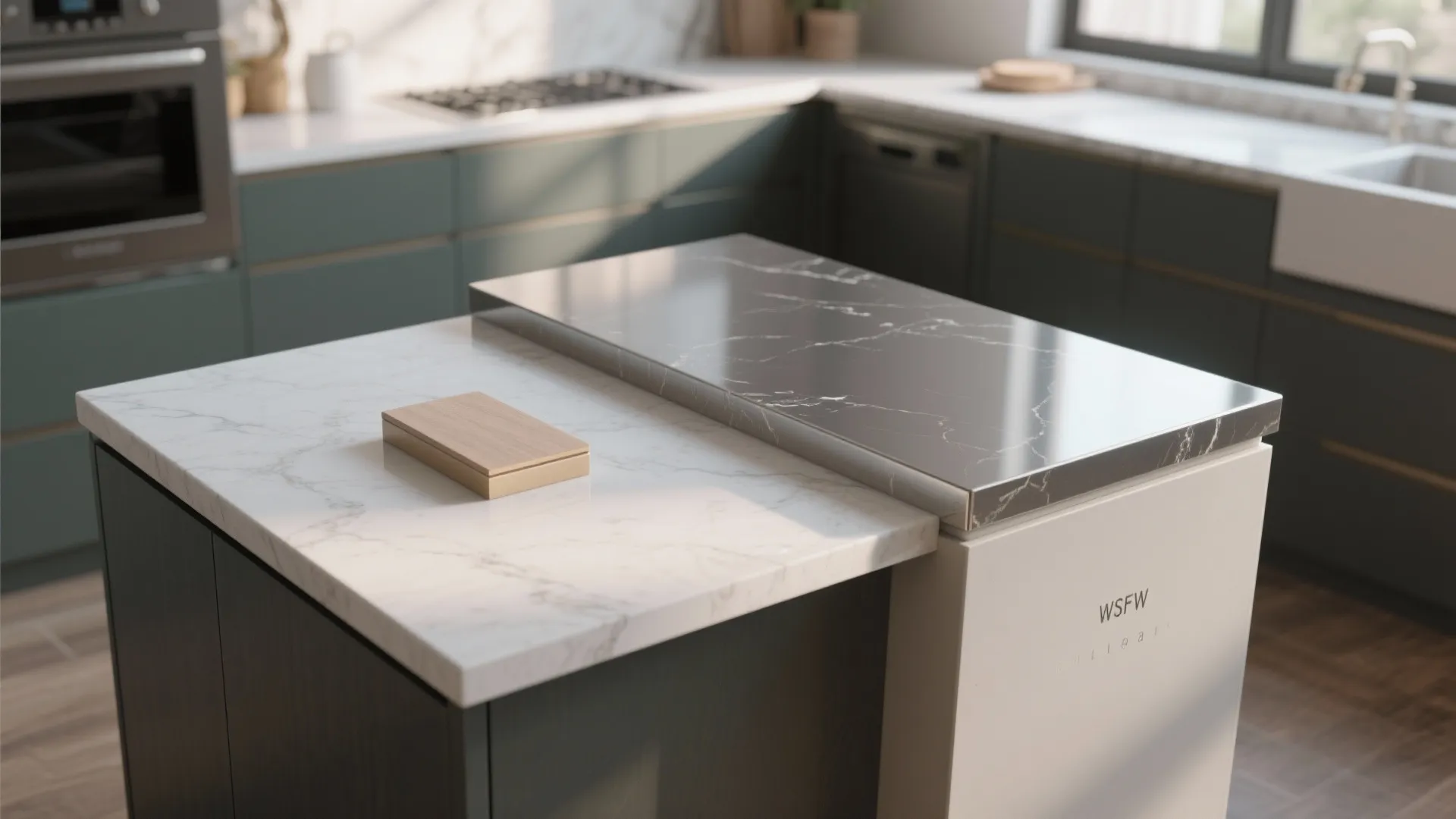 Comparison of low-sheen and high-gloss finishes and bullnose versus square countertop edges.
