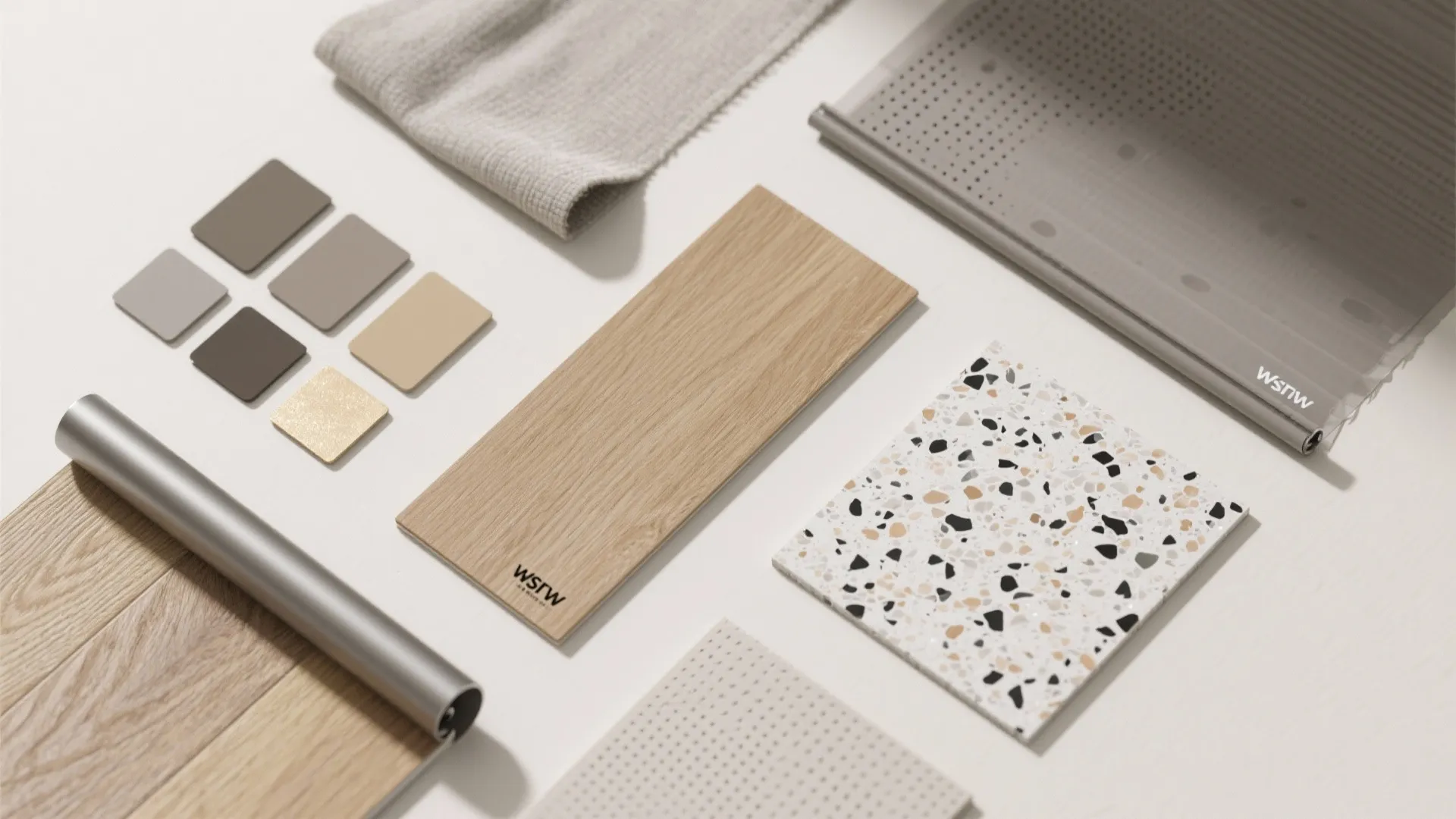 Interior design material board featuring wood planks stone tiles fabric swatches and small colorful samples