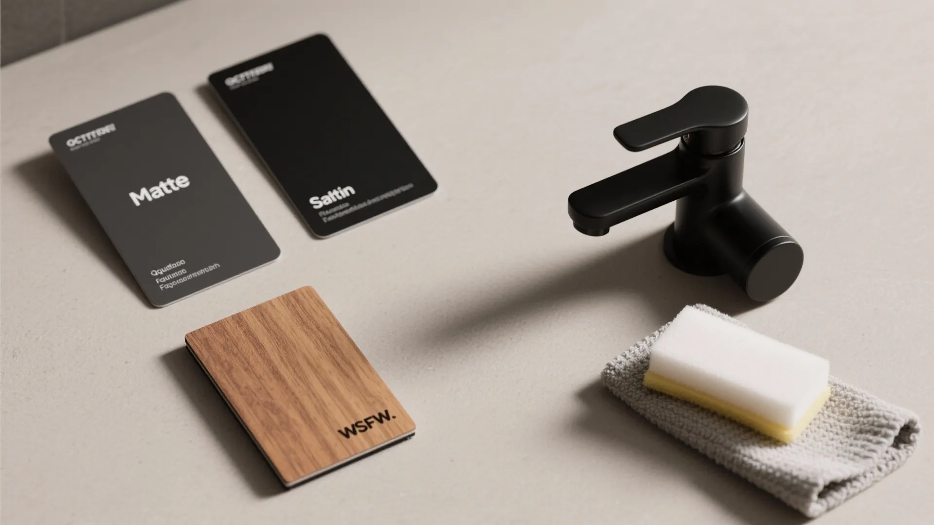 Flatlay of finish samples and cleaning cloth illustrating matte vs satin black care and pairing with wood.