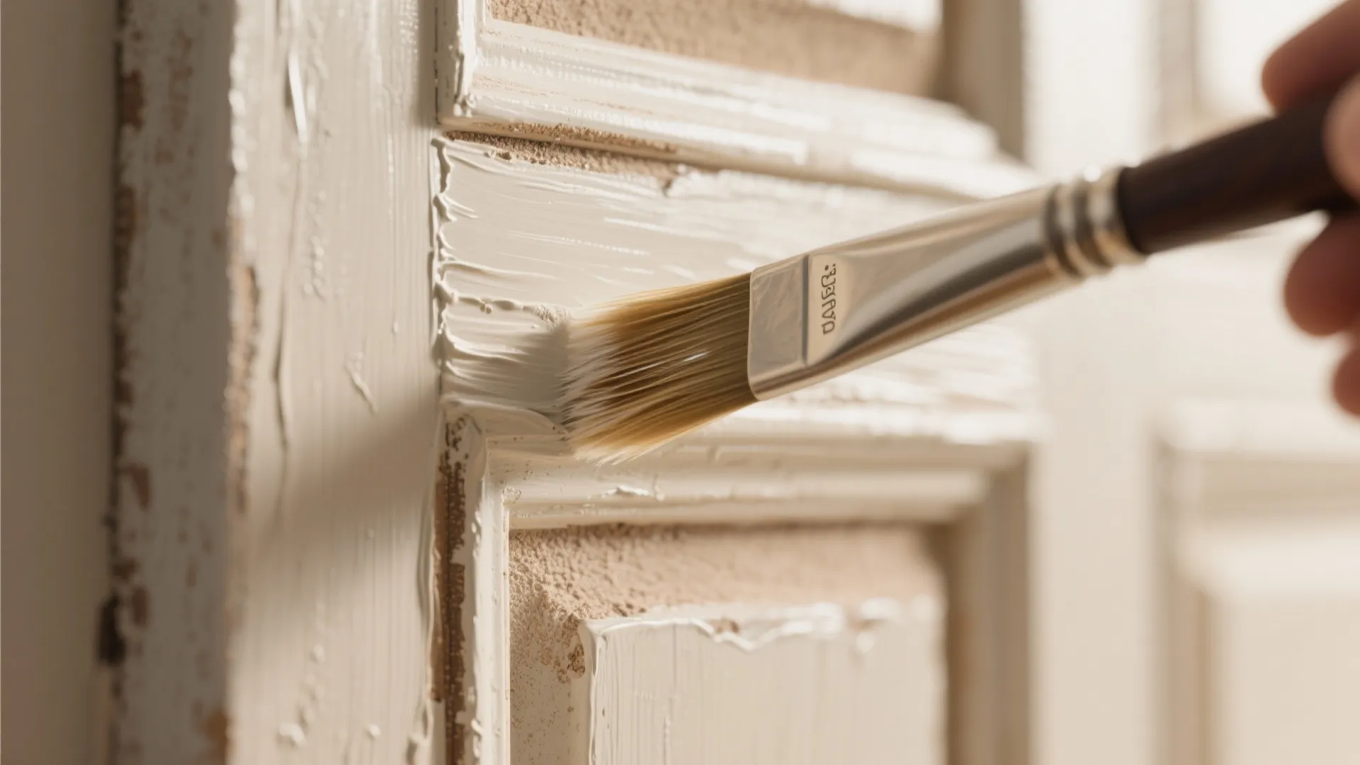 Close up of a hand using a small brush applying white paint onto a wall panel