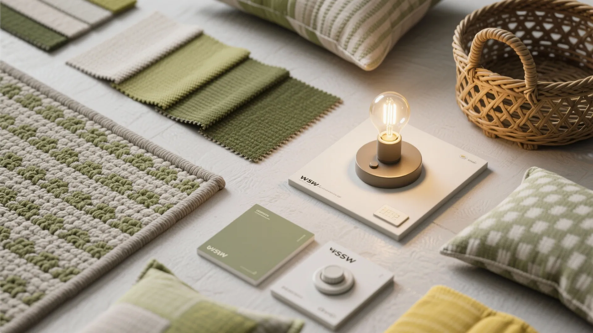 Flat lay of performance fabrics, wipeable paint chips, rug sample, warm bulb, dimmer, and basket weave.