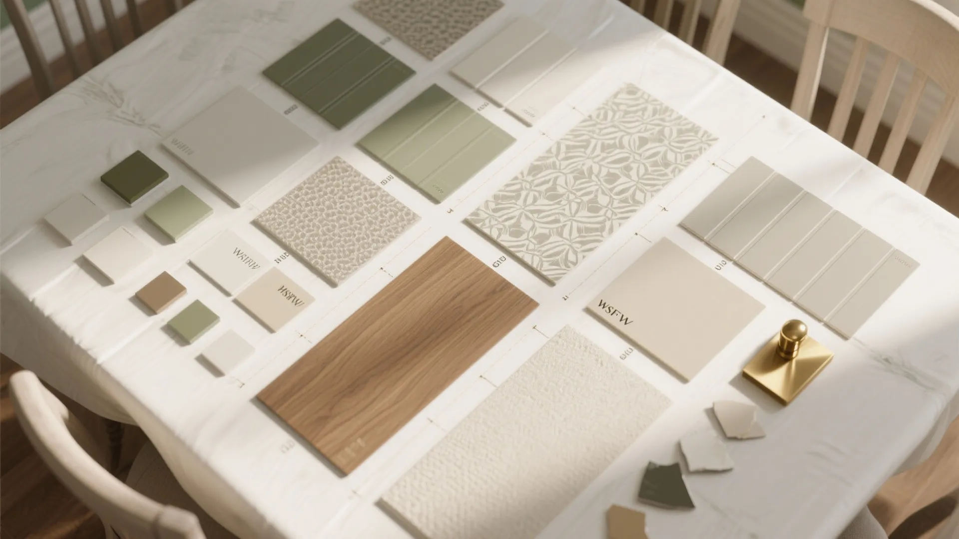 Interior design material board with green tiles wood samples fabric swatches and gold cabinet handle