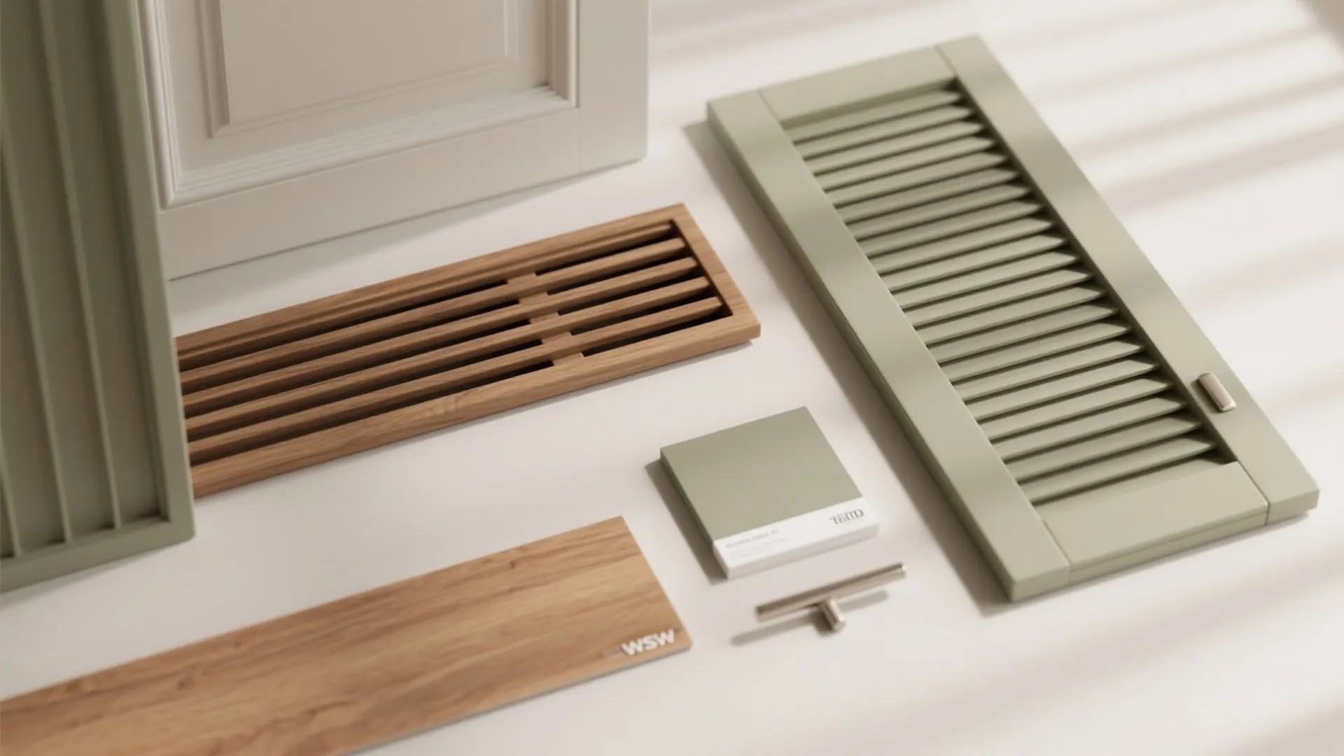 Interior design material samples including green cabinet doors wood panels and a small metal handle
