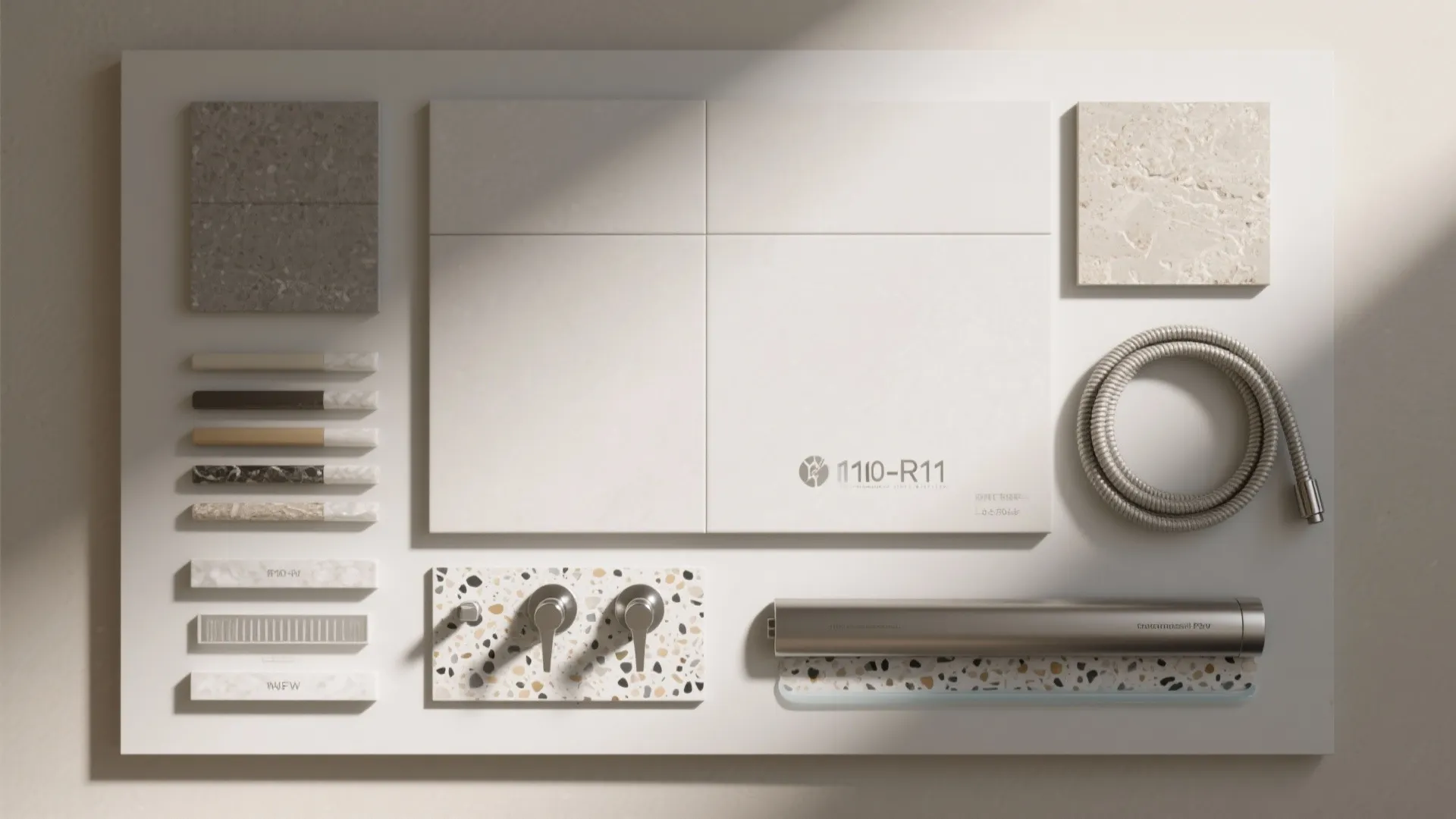 A collection of bathroom material samples including tiles stone patterns faucets and a shower hose
