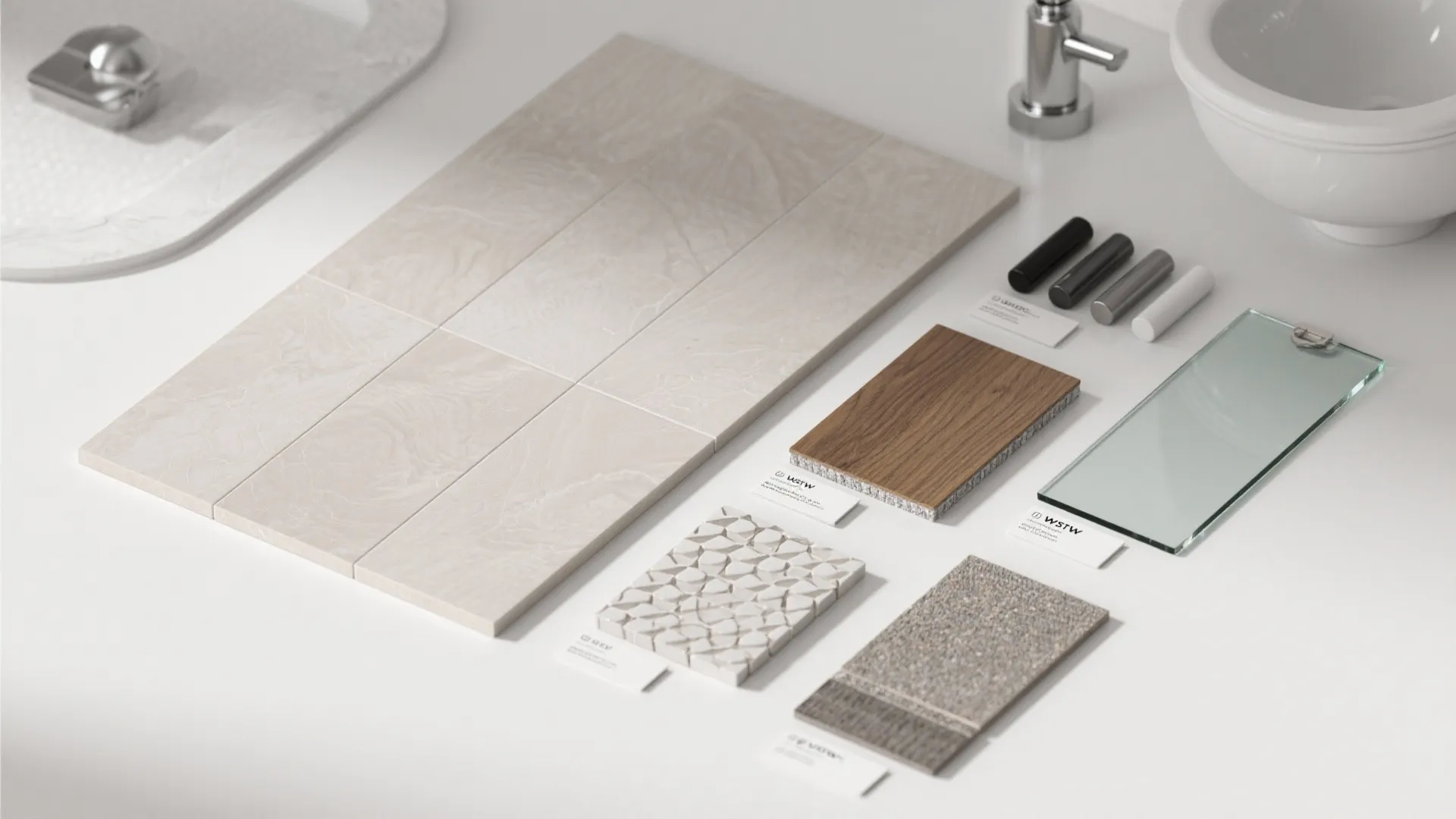 Interior design material samples including beige tiles wood panels glass and metal handles on table