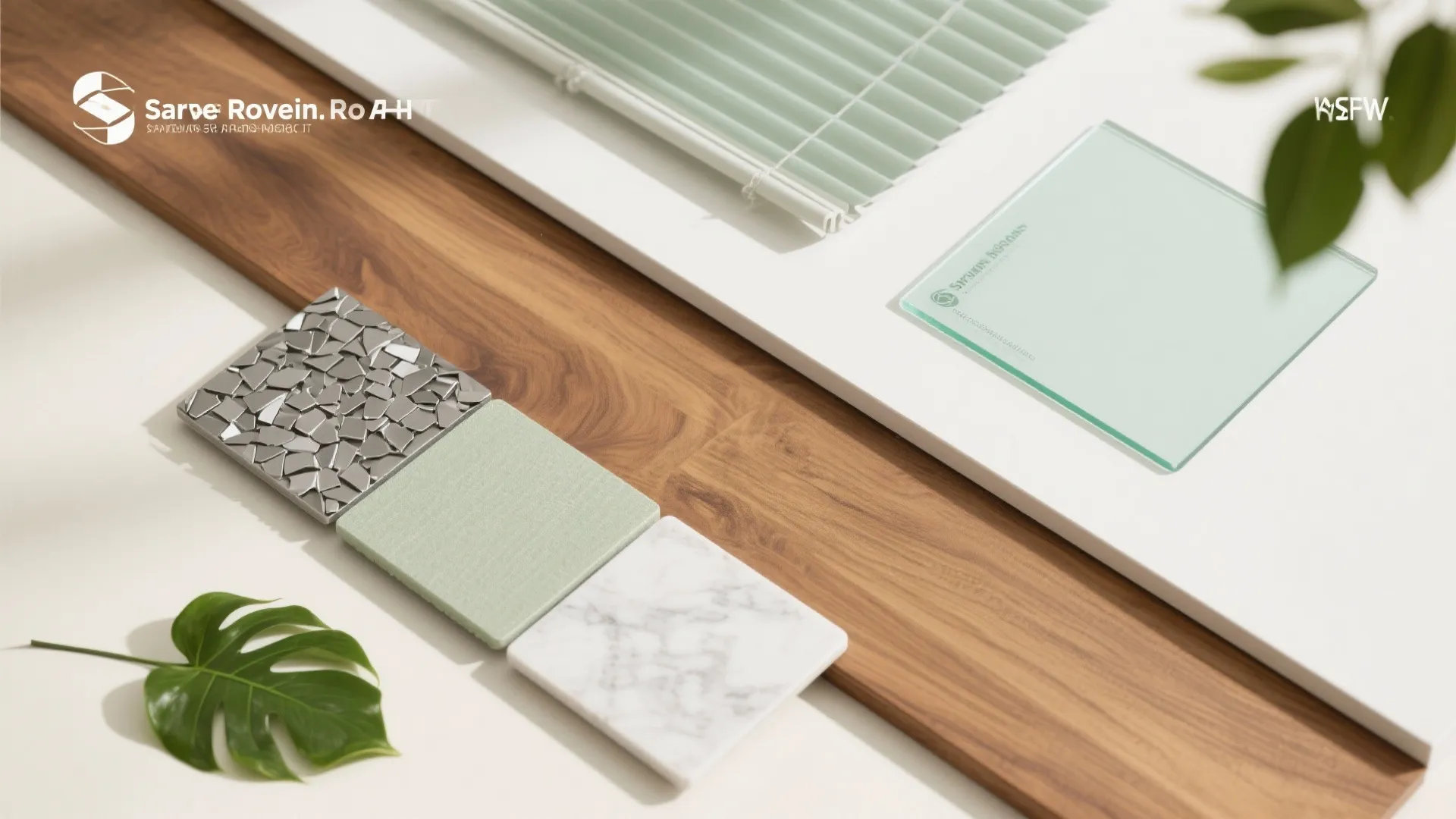 Flat lay of warm wood, matte white, back-painted glass, breathable fabric, metal, quartz, and leaves for a 2 BHK palette.