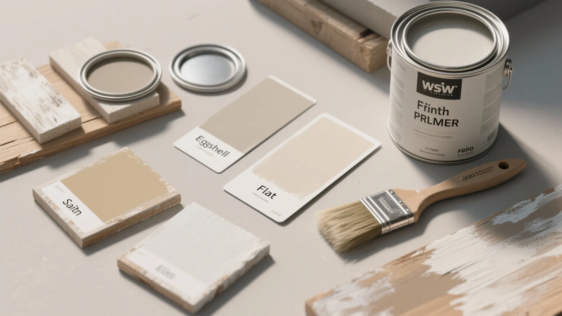 Table flat lay with paint can paint brush wooden boards and multiple neutral color swatches displayed