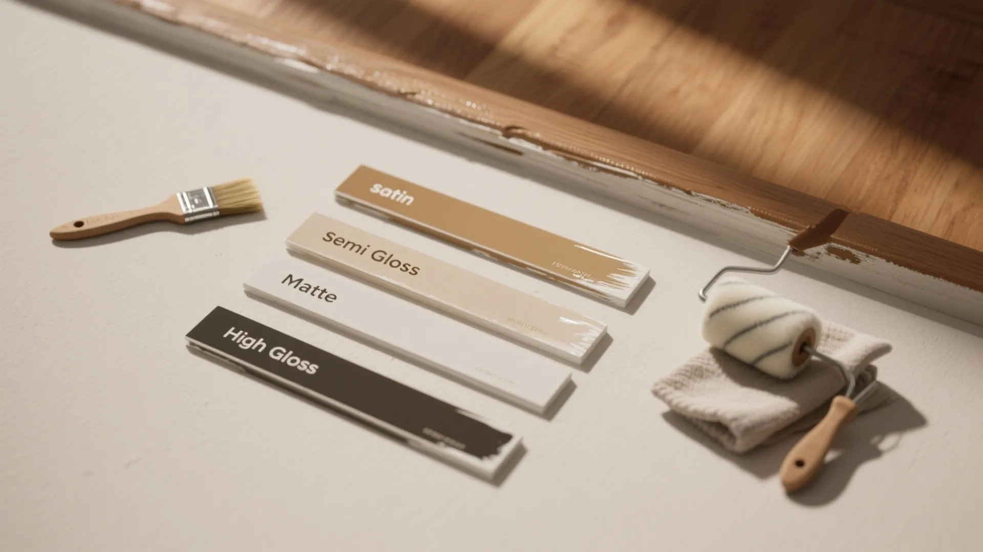 Four paint finish samples labeled satin semi gloss matte and high gloss with painting tools