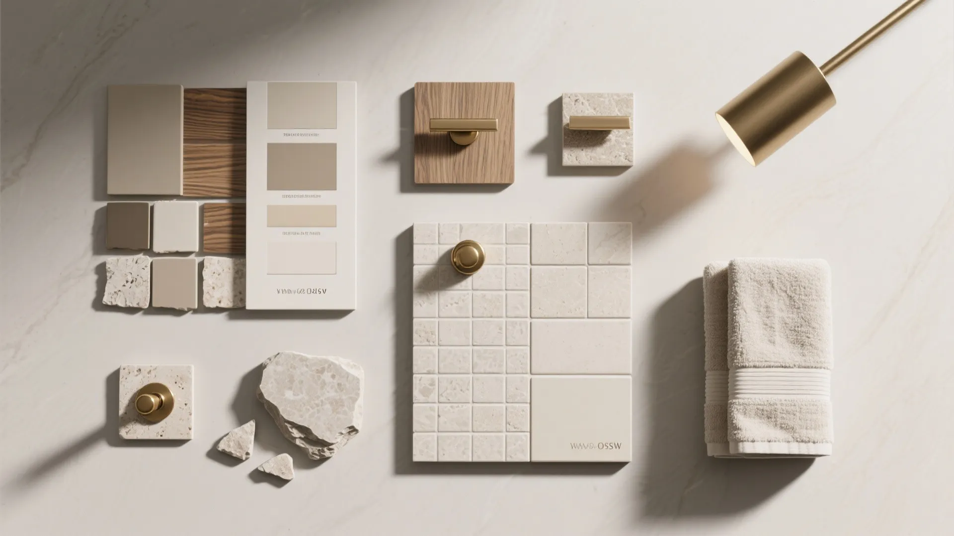 Flatlay of coordinated bathroom finish samples: tiles, wood sample, paint swatches, brass hardware, and fabrics.