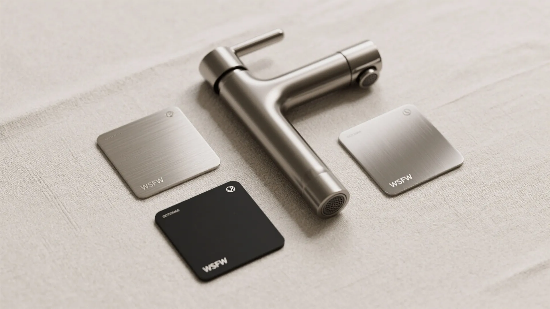 Modern silver metal faucet on textured cloth with three square material sample tiles in finishes