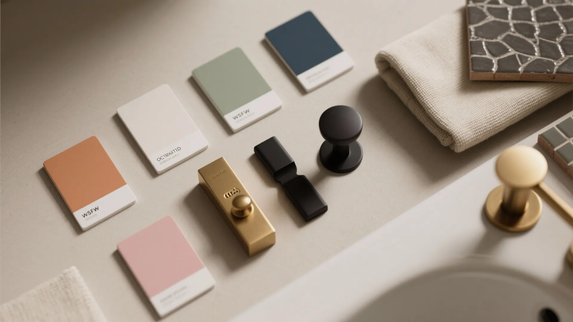 Flat lay of colorful material samples gold cabinet handles and bathroom accessories on a countertop