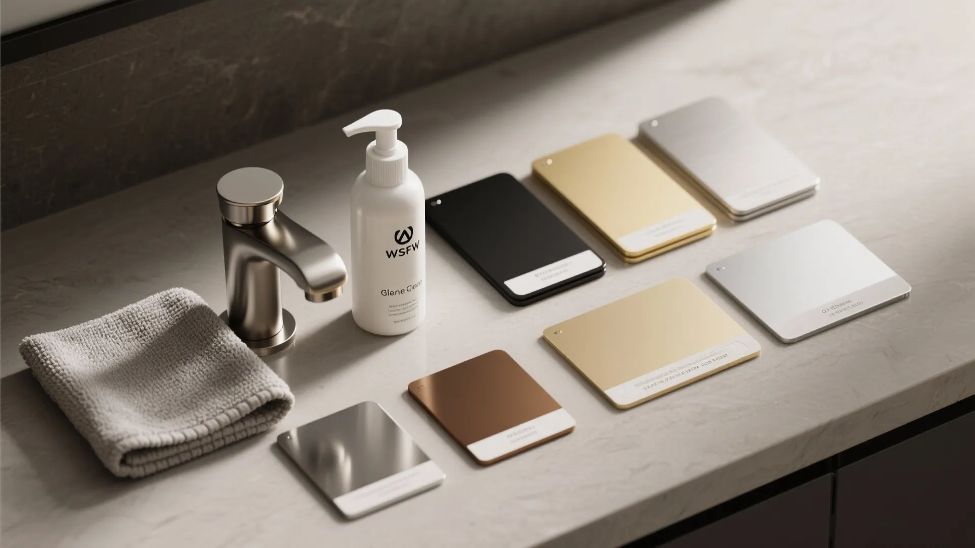 Flatlay of faucet finish swatches and gentle cleaning tools for maintaining two-tone faucets