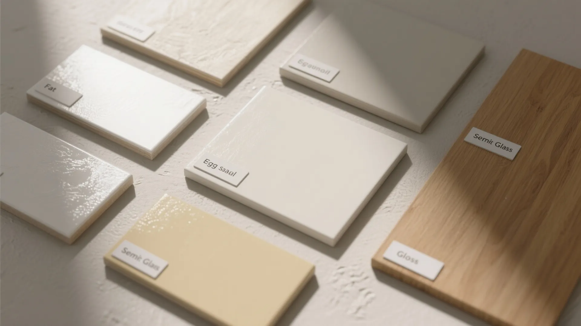 Top-down view of paint sheen sample boards on drywall and wood showing flat to high gloss finishes and texture differences.