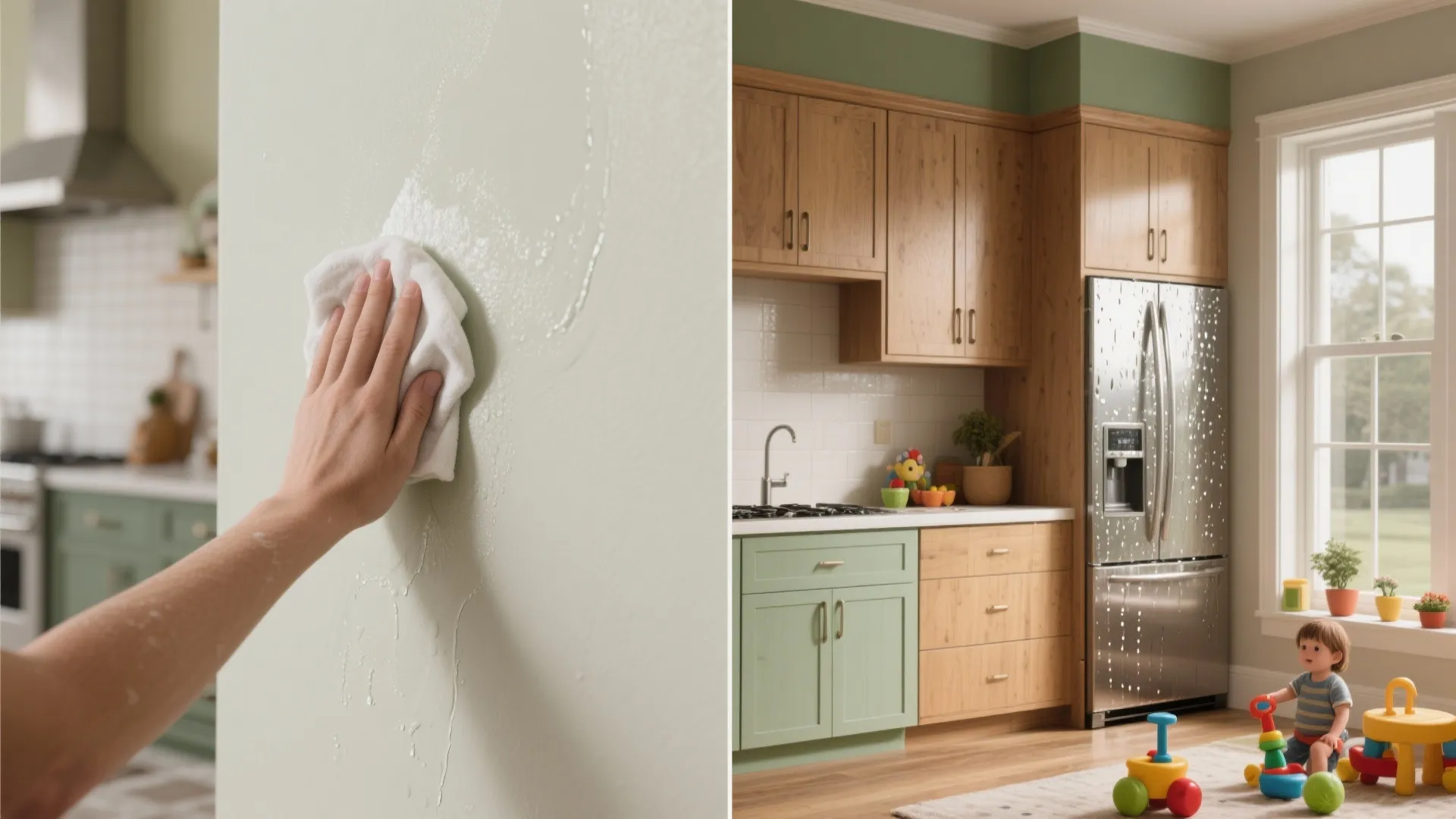A hand wiping a green wall with a white cloth next to a modern kitchen
