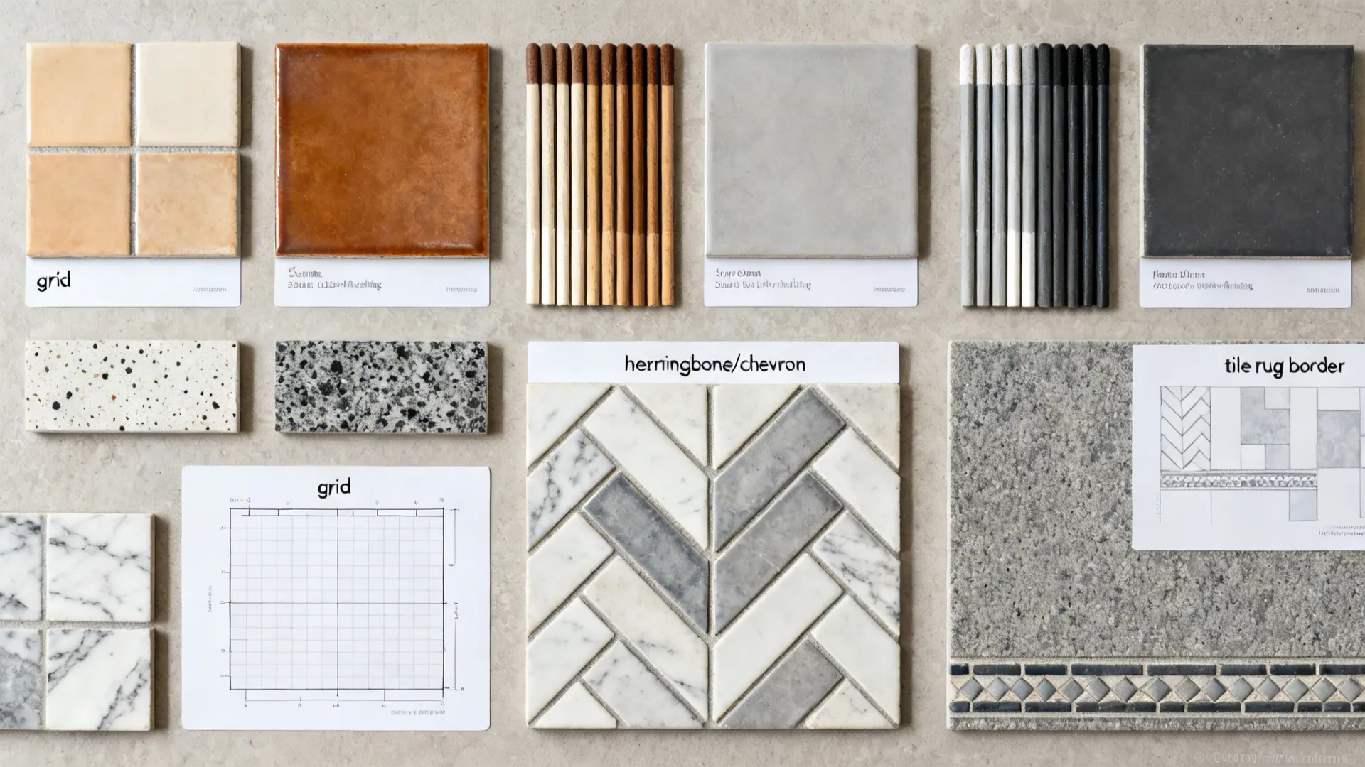 Flat lay of tile finishes, grout tones, and layout options for living rooms.