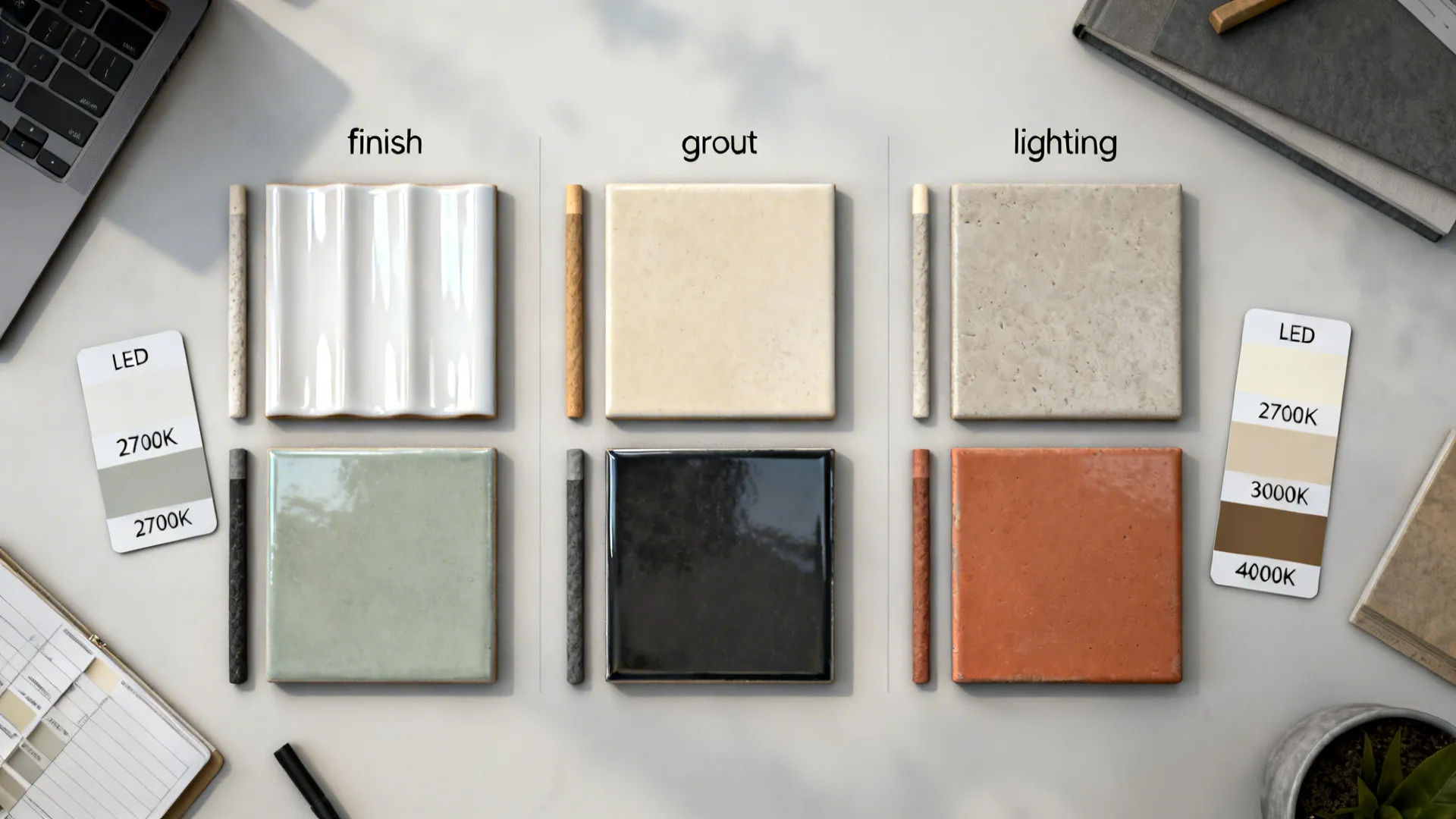 Top-down layout of tile finishes, grout samples, and LED temperature cards for kitchen planning.