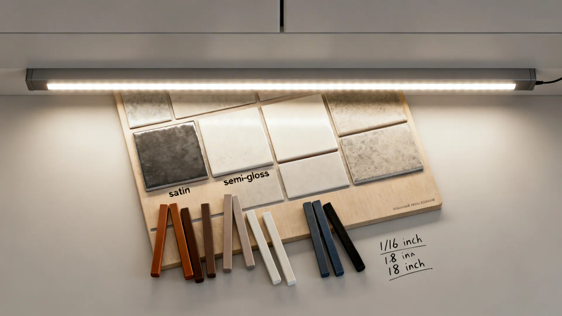 Top-down sample board comparing satin vs semi-gloss tiles with matching and contrasting grout sticks.