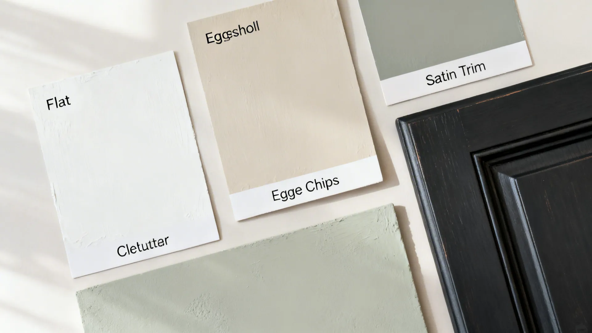 Top-down paint finish guide with flat, eggshell, and satin alongside key color chips.
