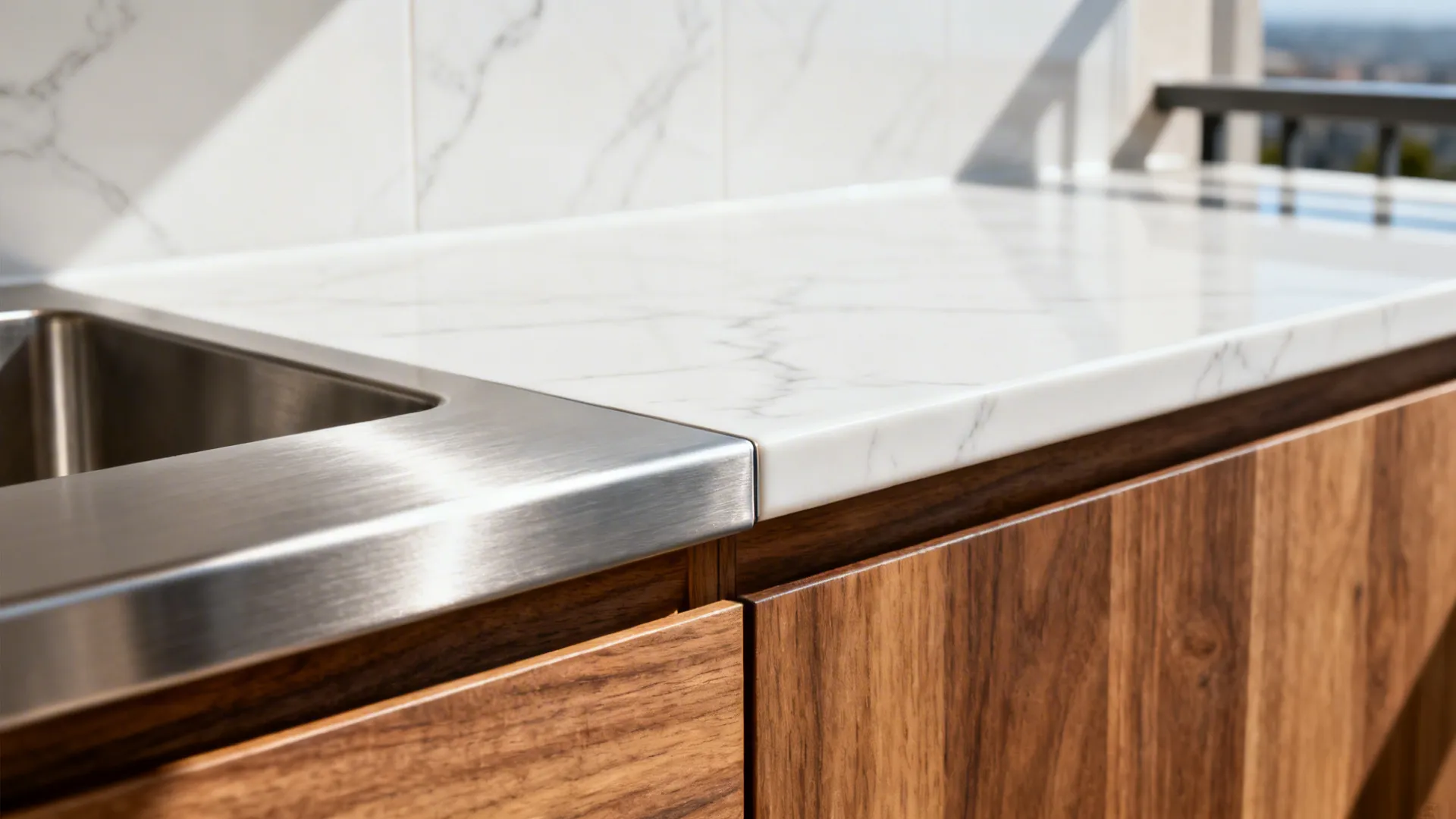 Macro of stainless counter, porcelain backsplash, and sealed timber door meeting cleanly.