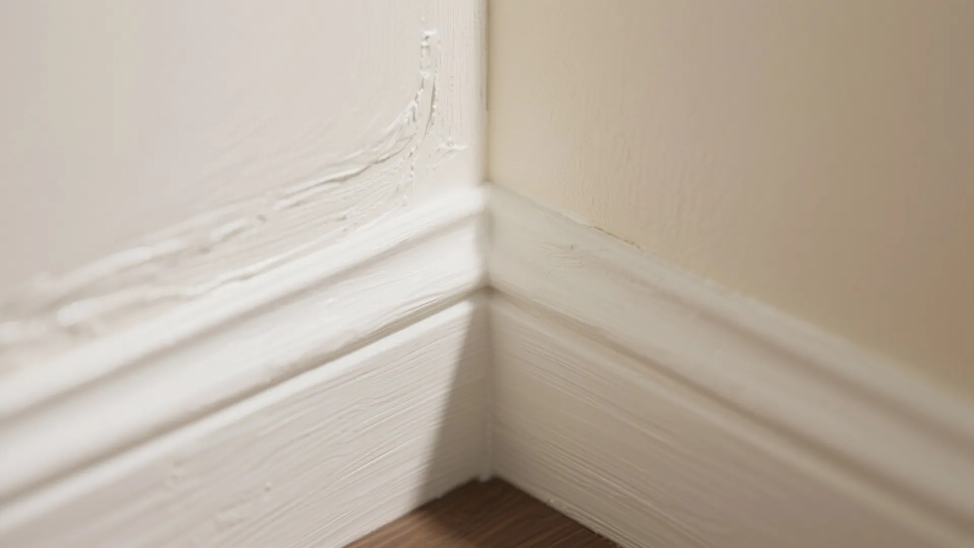 Close up view of white wall panel baseboard trim meeting in corner with wood floor