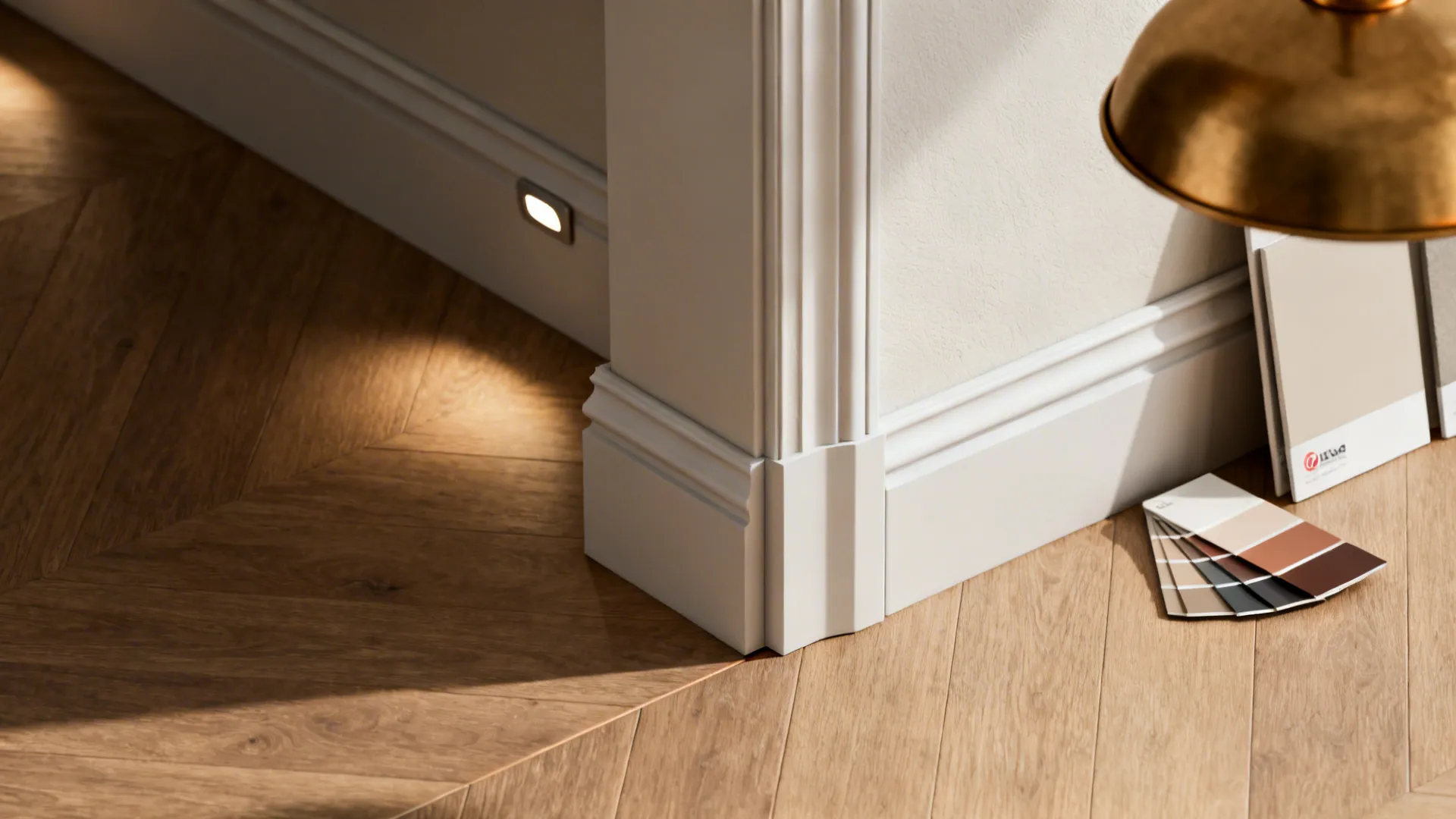 White wall panel on wood floor with color swatches and a small glowing wall light