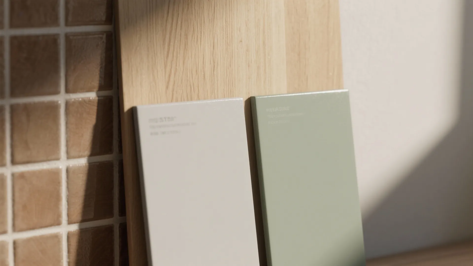 Interior design material samples with light green panel, beige panel, wooden board, and brown tiles