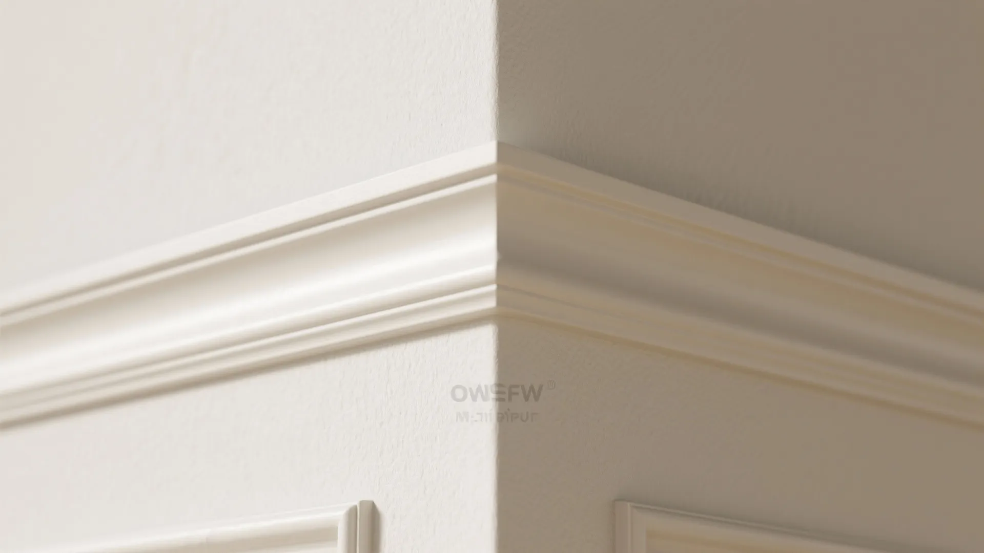 Close up view of white wall panel trim on a corner in a bright clean room