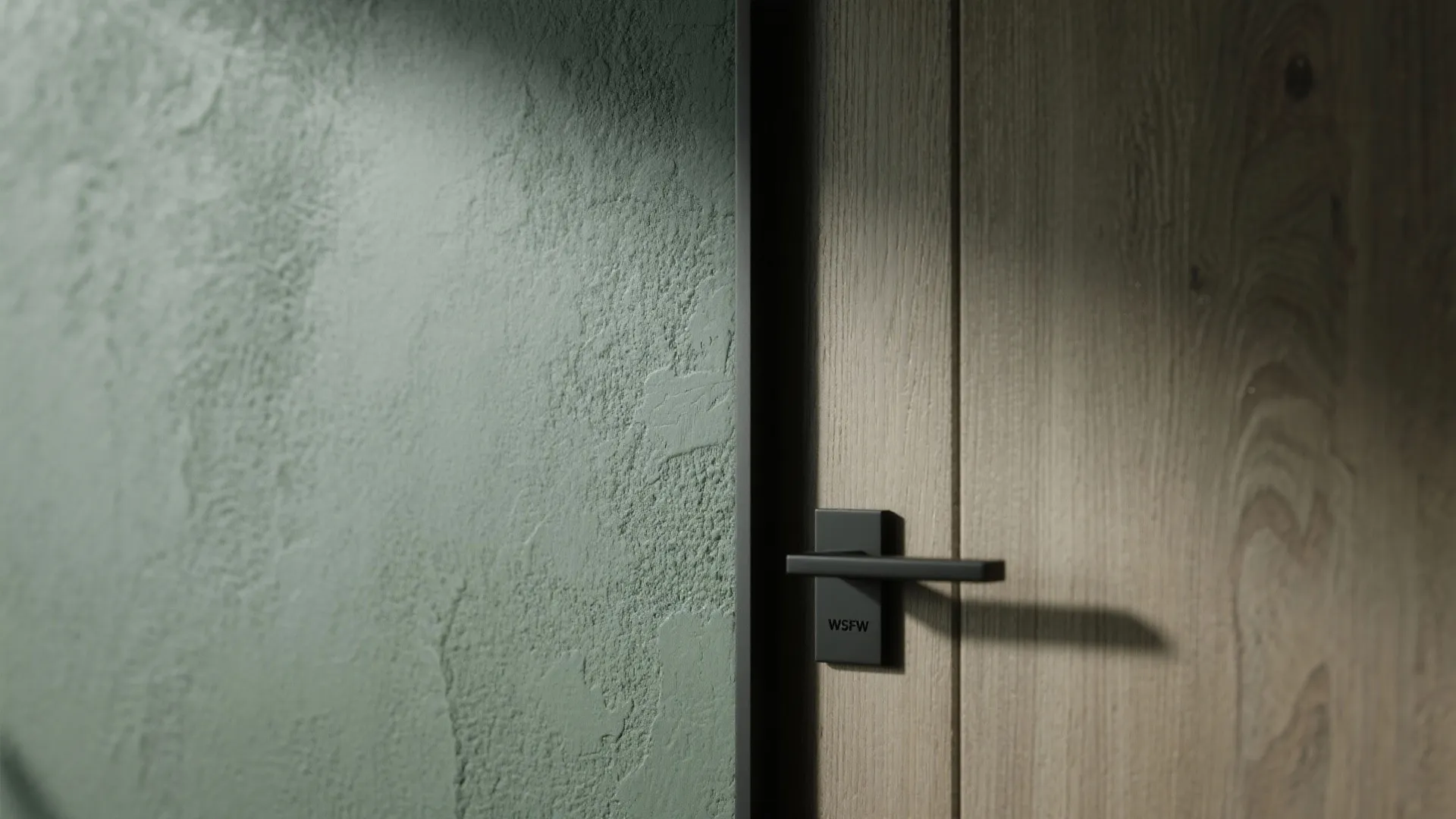 Close up of modern black door handle on light wood door and textured green wall