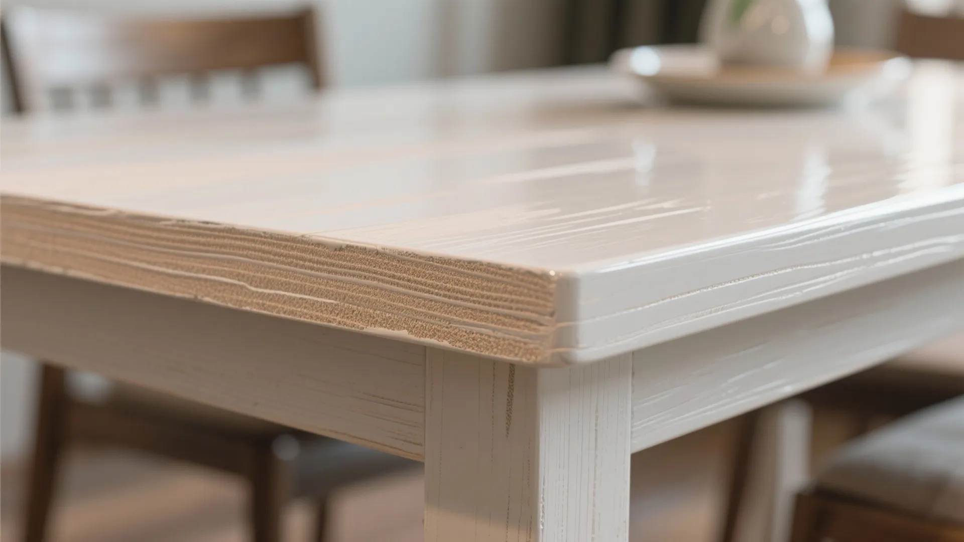 Close up view of a white painted wooden table corner showing smooth glossy finish details