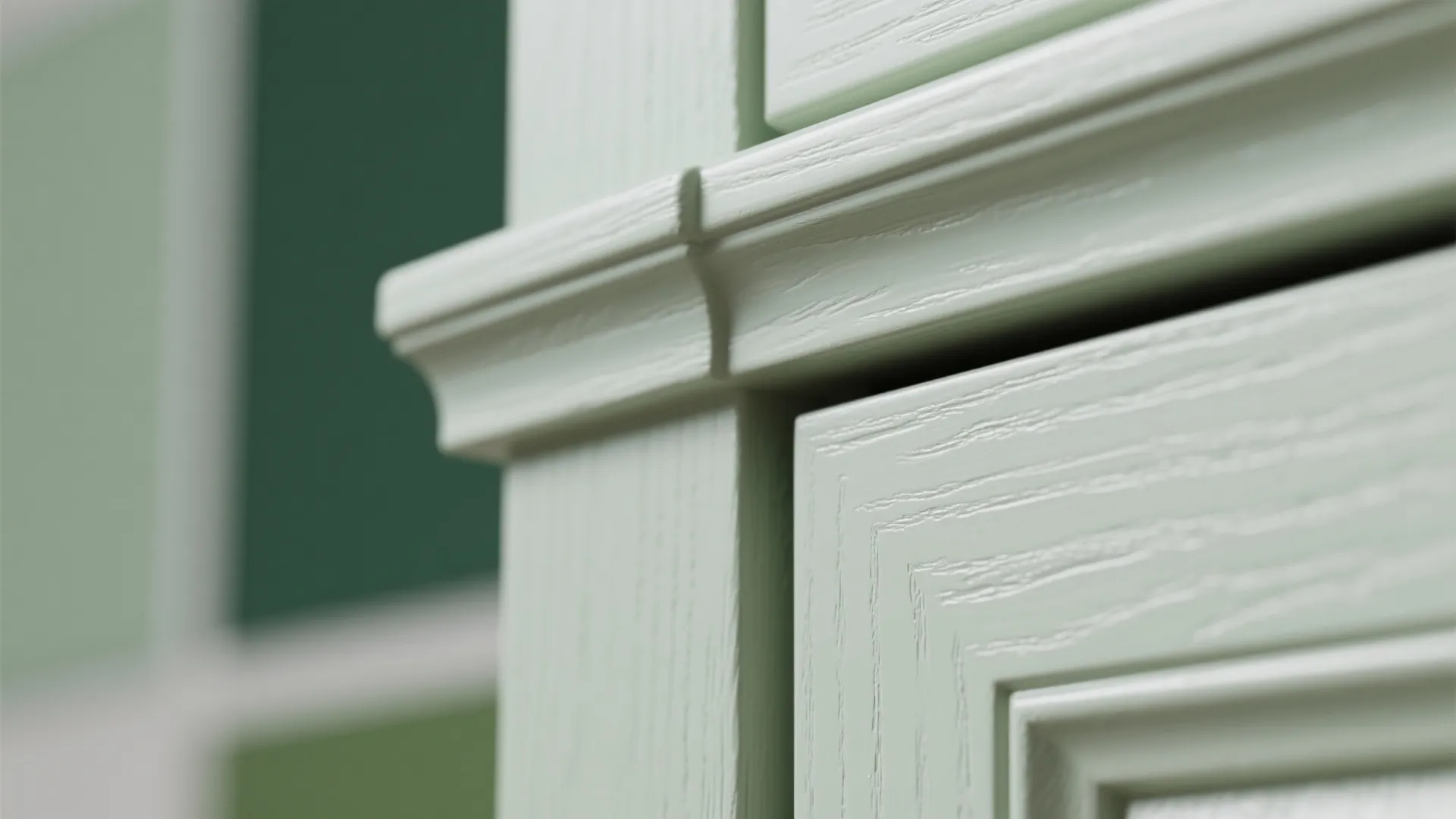 Close up of light green wooden wall panel with textured grain and decorative trim detail design