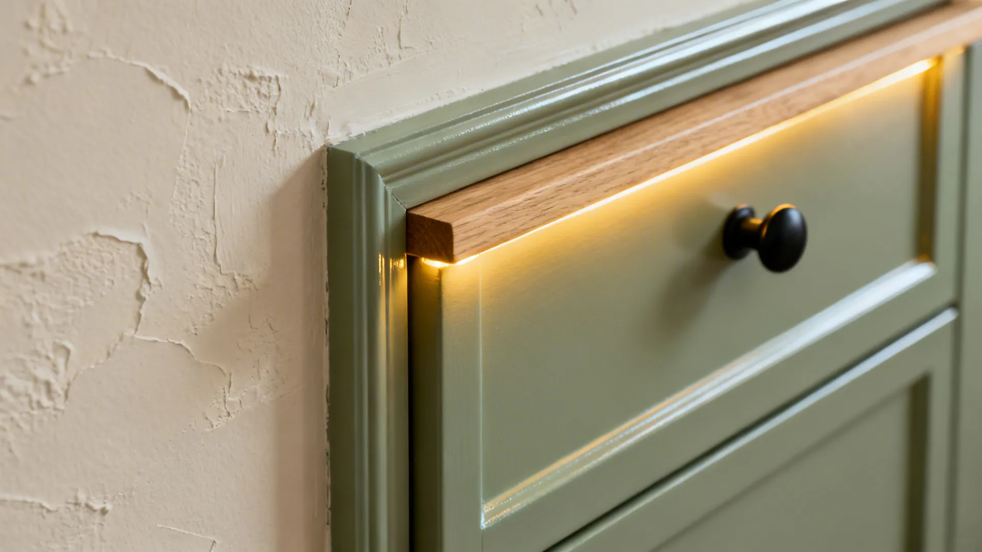 Macro view of eggshell wall, satin trim, sage cabinet enamel, and matte black hardware under warm light.