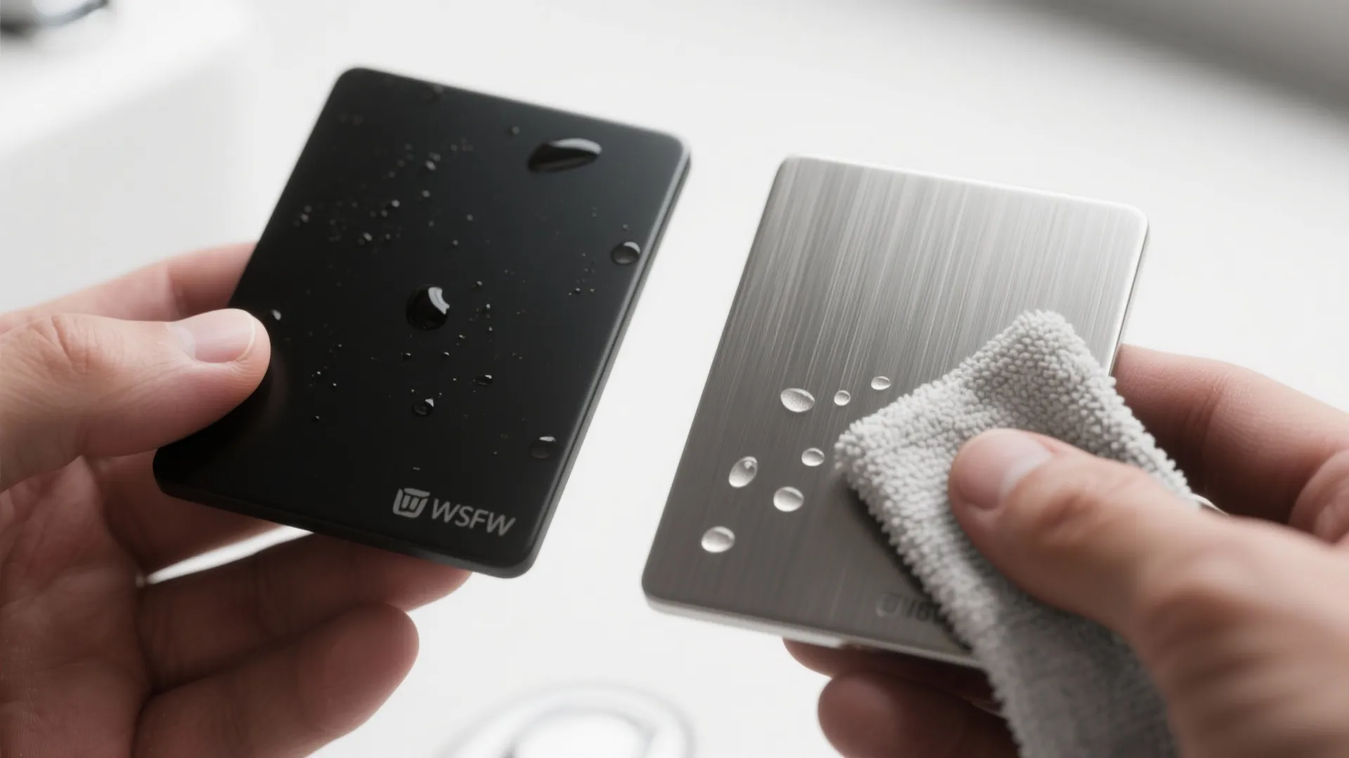 Person wiping water droplets off black and silver metal tiles with a small grey cleaning cloth