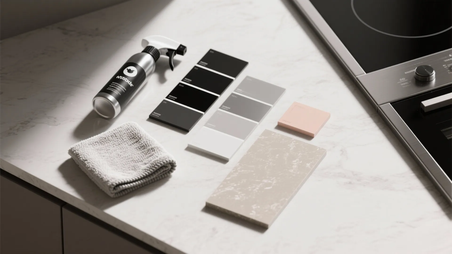 Flatlay of appliance finish swatches and maintenance items for choosing durable surfaces.