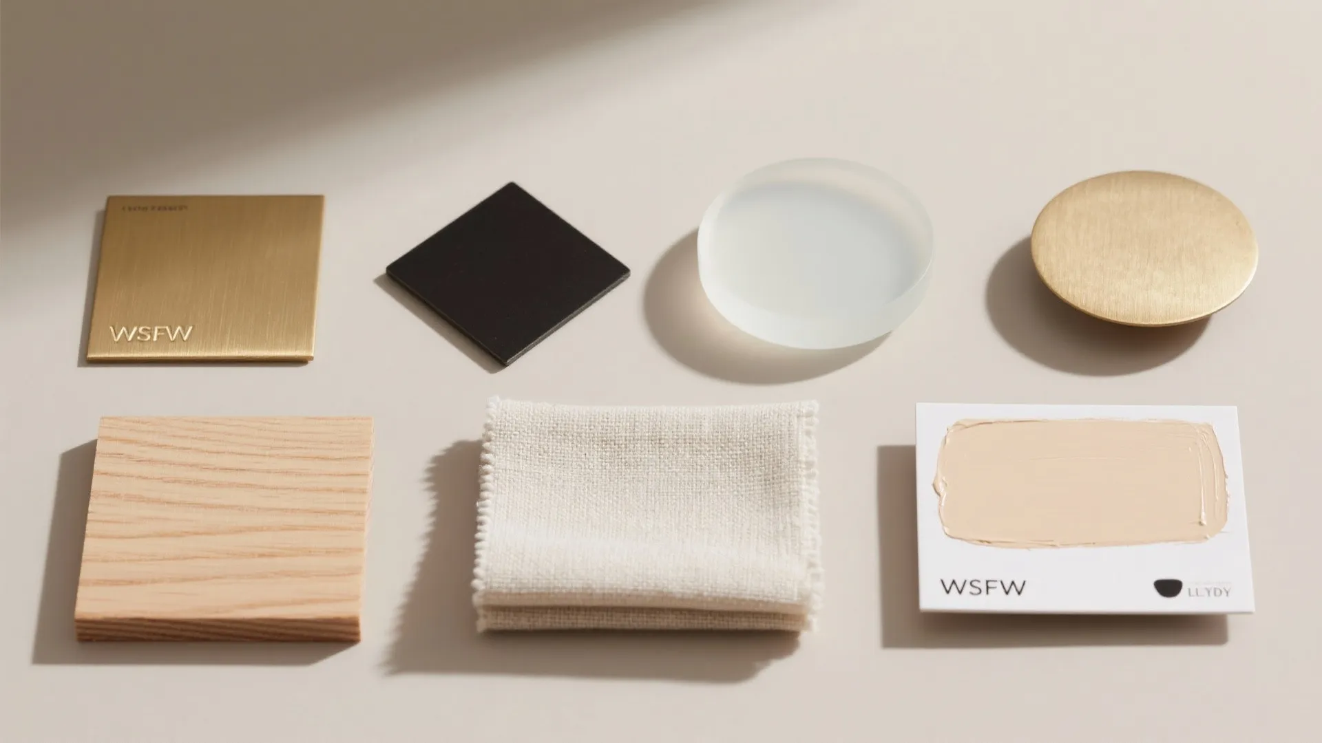 Flat lay of brass, matte black, opal glass, linen, light oak, and warm white paint samples.