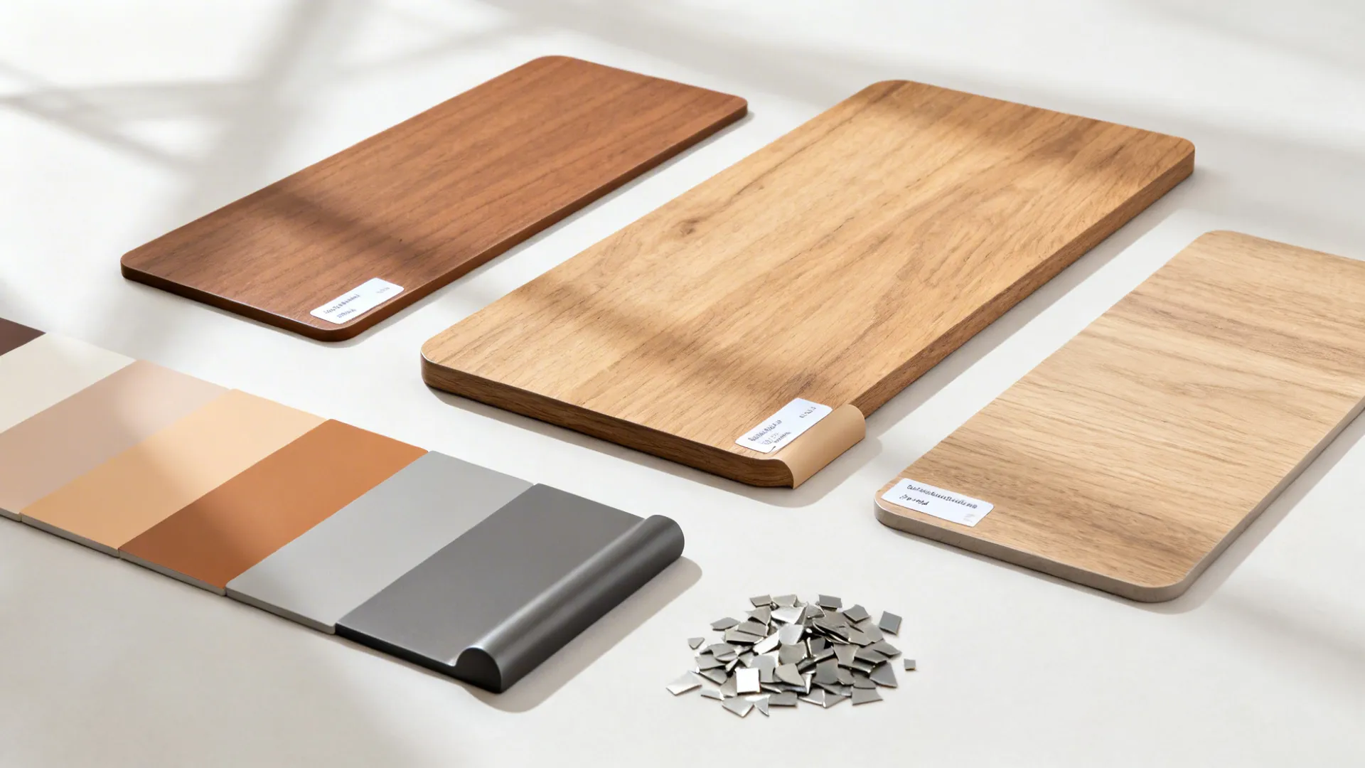 Flat lay of matte wood, laminate, and powder-coated metal finishes for durable tables.