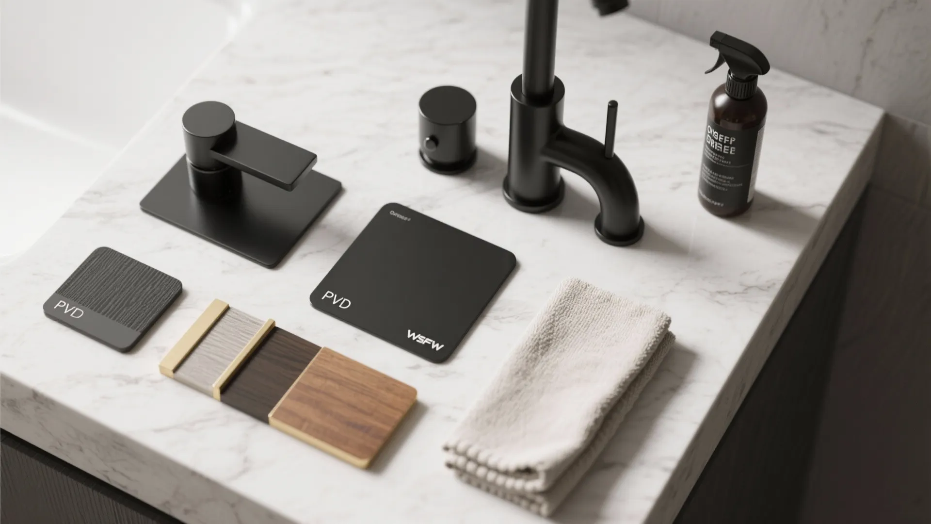 Flatlay of matte black and PVD finish samples with wood and brass accents and cleaning cloth