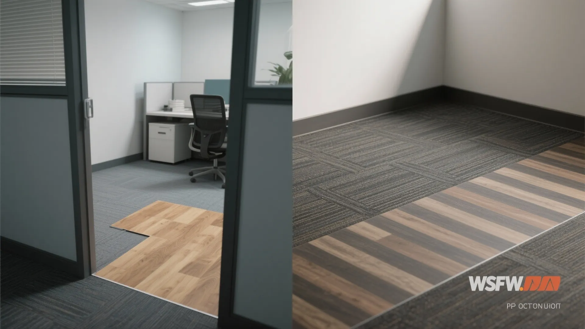 Before-and-after view of a flooring mockup patch and the final installed finish in an office corner.