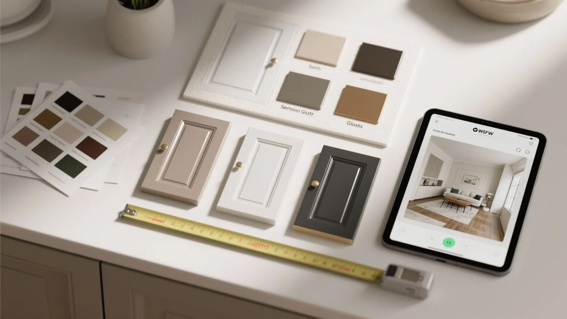 Moodboard flatlay of cabinet sheen samples, painted mini-doors and a tablet showing a 3D room planner mockup.